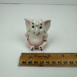 Vtg Sitting Ceramic Porcelain White Elephant Figurine Pink Accents 2.5 in tall‎